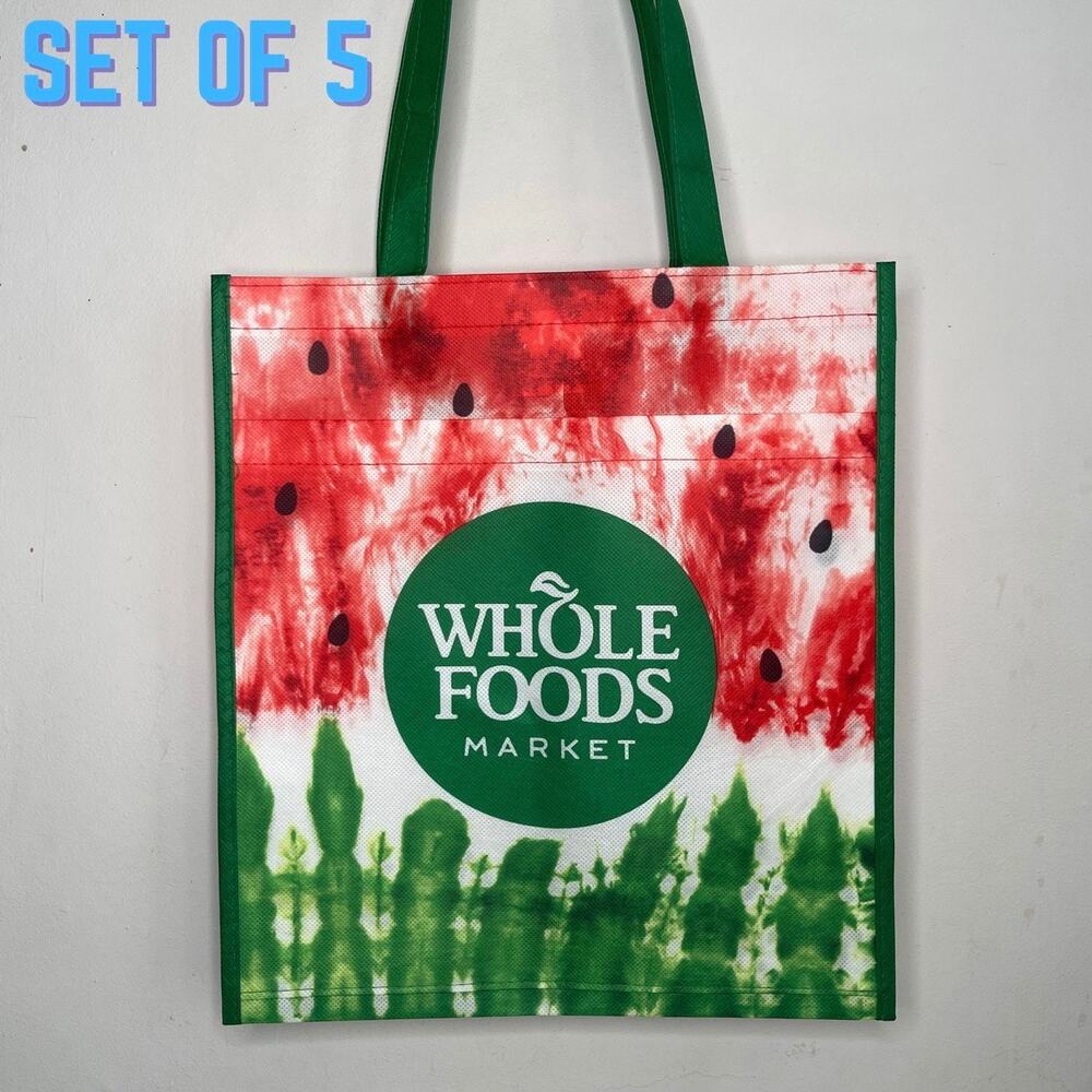SET OF 5 Whole Foods Market Watermelon Summer Reusable Grocery Shopping Tote Bag